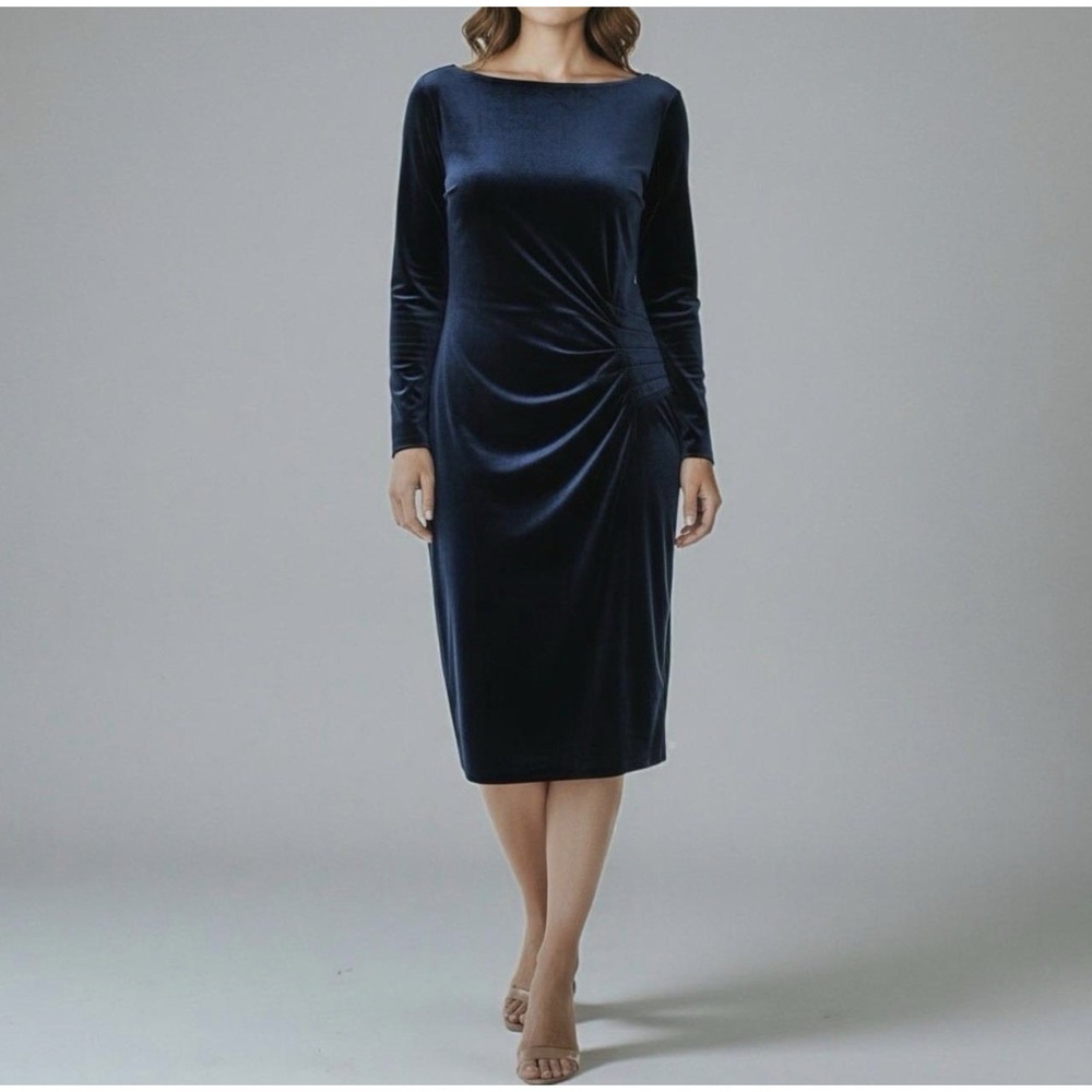 Lauren Ralph‎ Lauren Navy Velvet Ruched Dress Size 16 Formal Cocktail Timeless